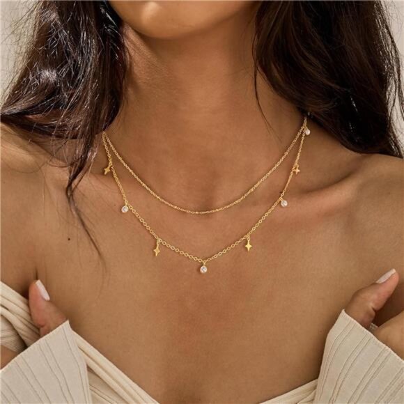 Layered Satellite Chain Necklace – Dainty Zirconia Pendant, Two-Piece Set - Picture 4 of 5